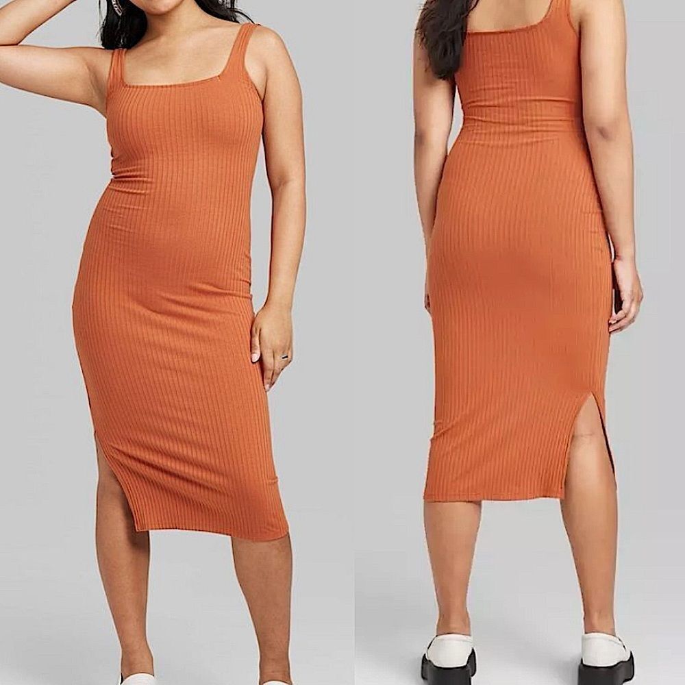 Wild Fable Rust Orange Ribbed Square Neck stretchy Midi fitted Dress y2k L
